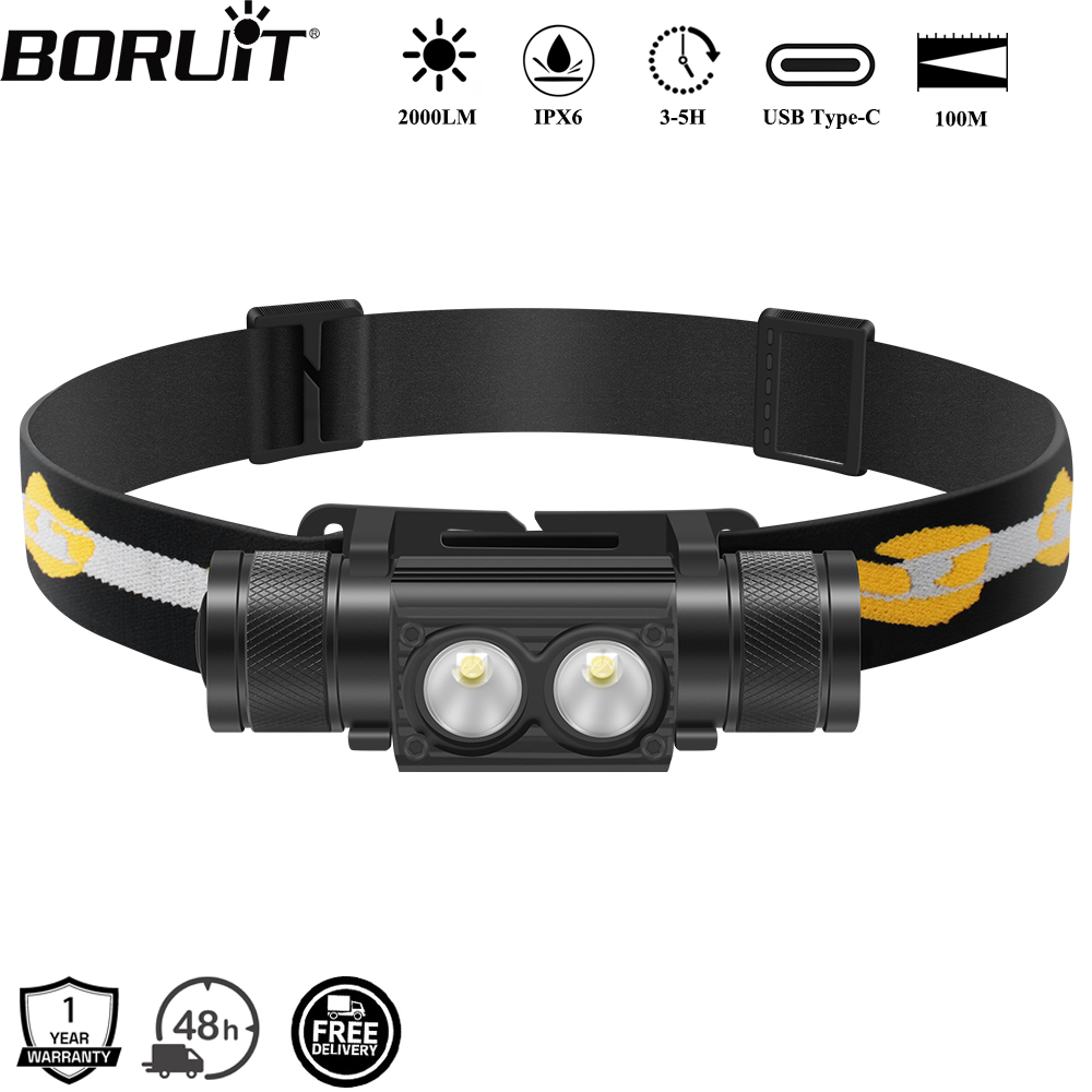 Lolin D32 - BORUiT D25 Dual-LED-Stirnlampe, 2000 lm, leistungsstarker